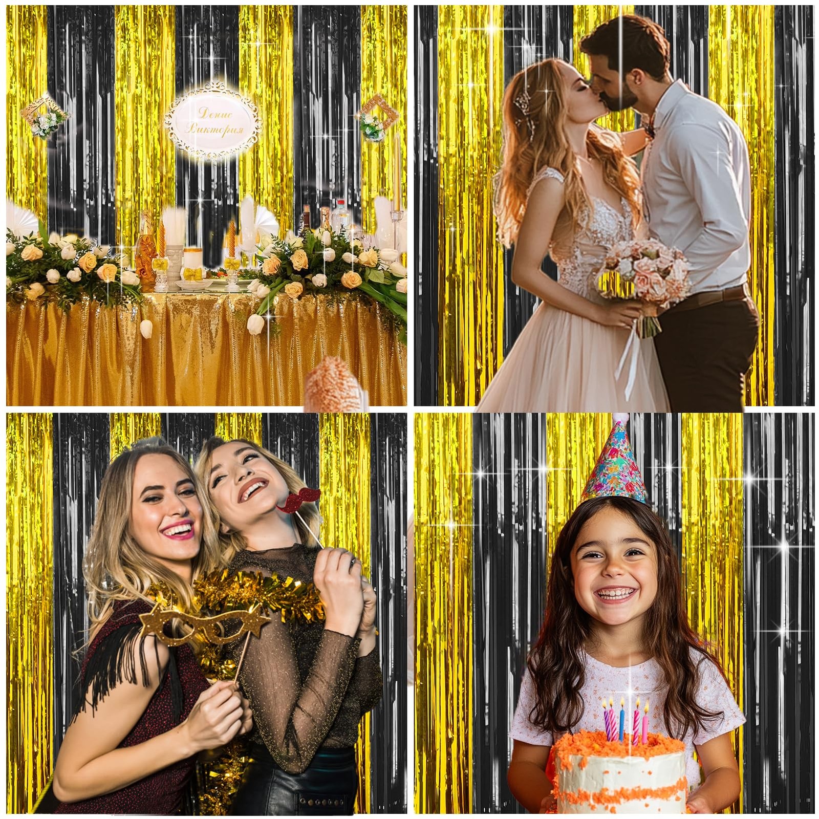 4 Packs Black Gold Foil Fringe Curtain Metallic Tinsel Backdrop 2025 Party