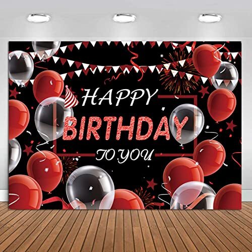 7X5ft White Red and Black Happy Birthday Photography Backdrop Balloon 7x5ft
