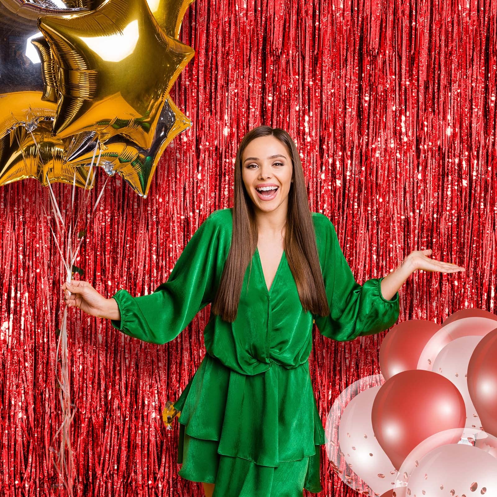 4 PCS Tinsel Foil Fringe Backdrop Curtains Metallic Streamer Red 3.3×8.2 Ft