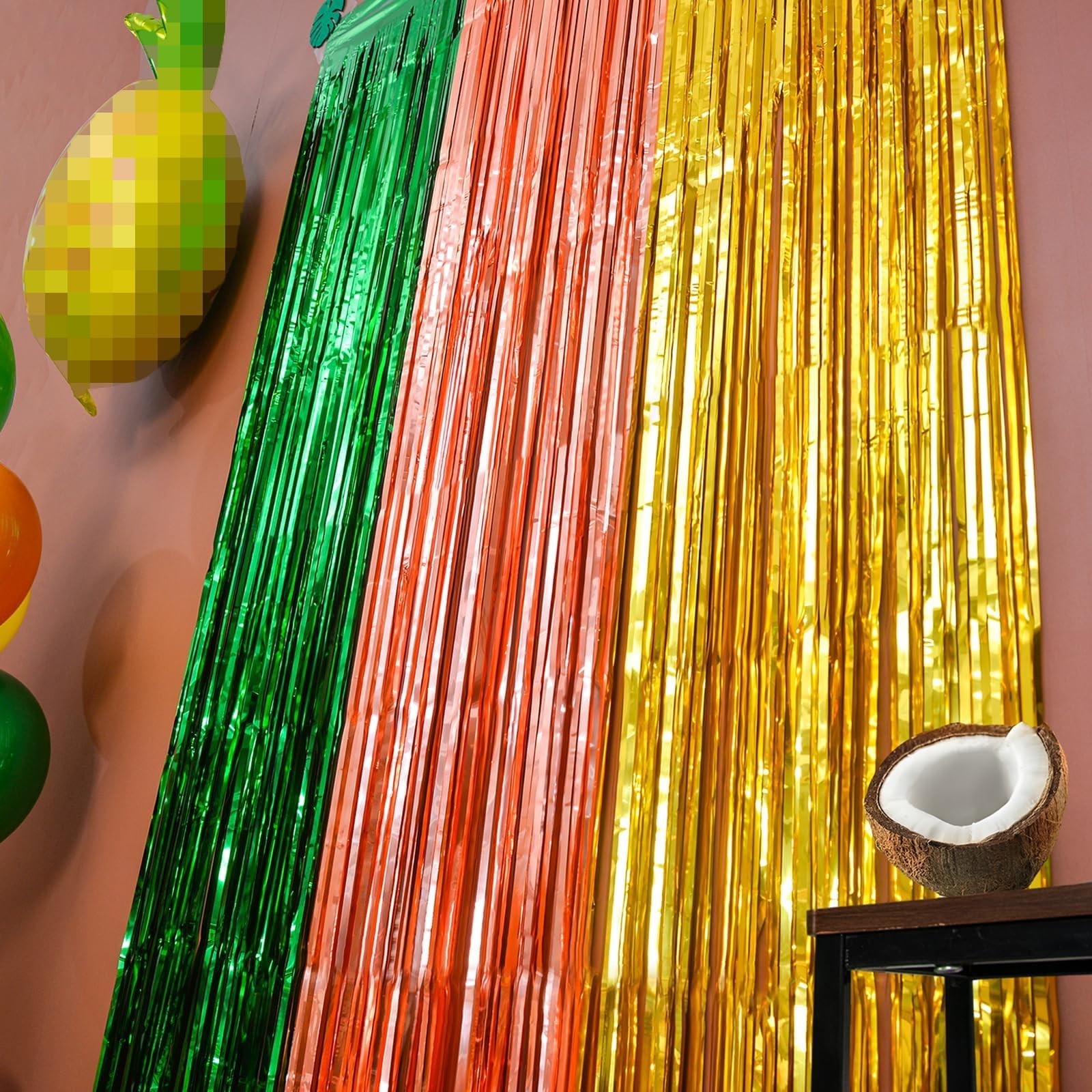 LOLStar Hawaiian Luau Foil Fringe Curtains, 2 PACK, Green Brown and Yellow