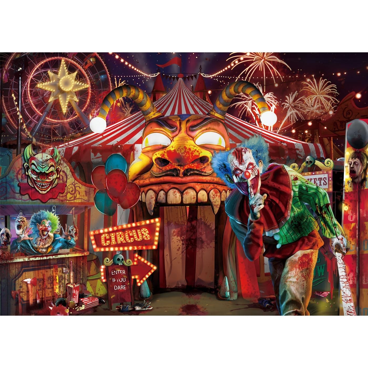5.9×3.6ft Horror Circus Halloween Party Backdrop Scary Clown Halloween Backdr…