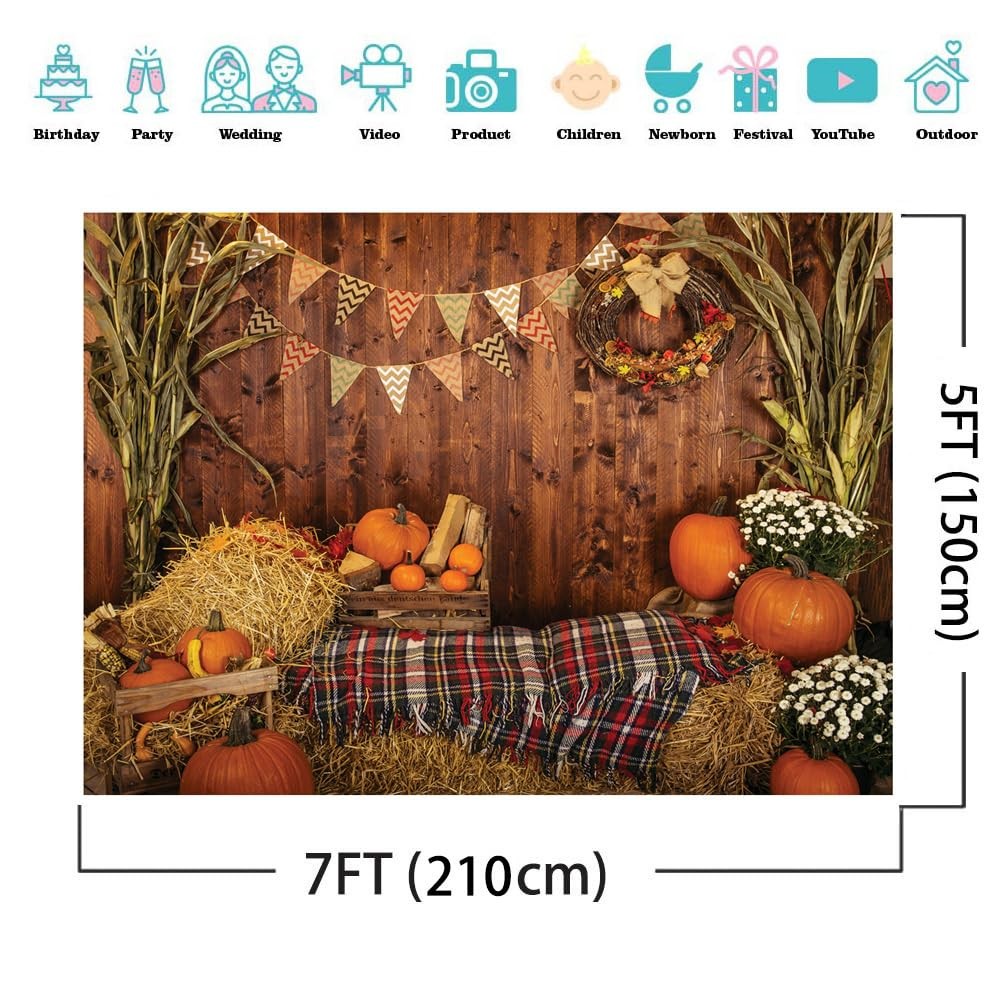 Fall Thanksgiving Backdrops Rustic Wooden Barn Harvest Autumn 7X5FT, Clear