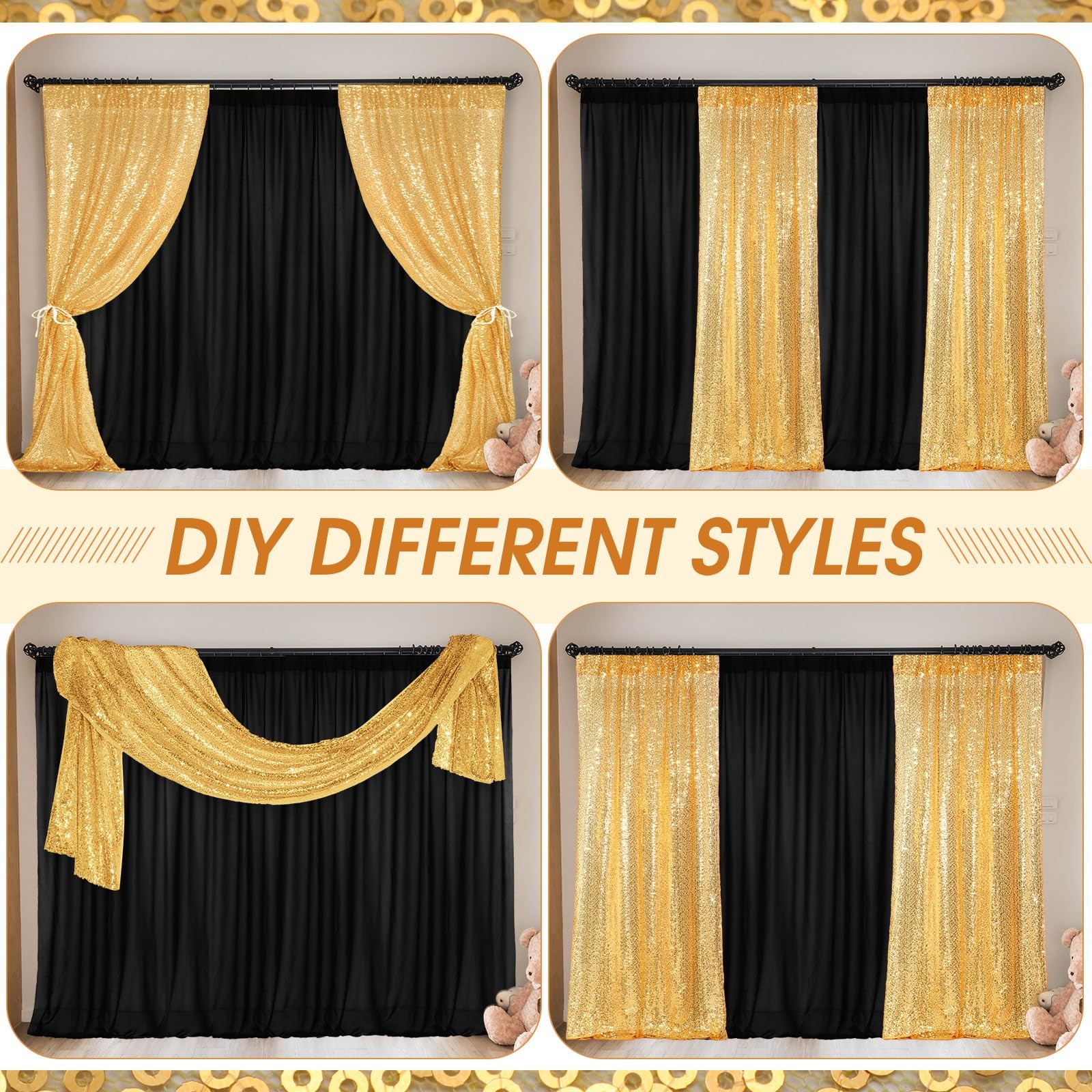 4 PCS Backdrop Curtains 4x10ft Sequin 7x10ft Chiffon Photo Black Gold