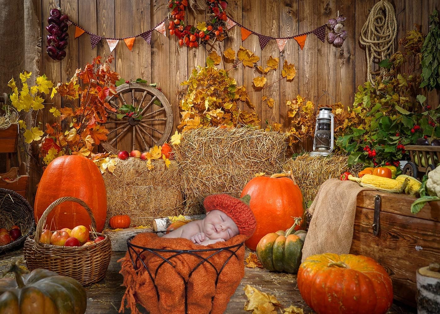 10X8FT Fall Thanksgiving Backdrop Rustic Wooden Floor Barn Golden Pumpkin Har…