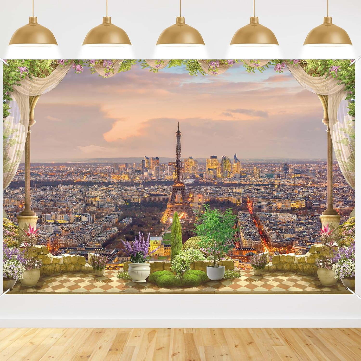 City Backdrop French Romance Theme Cityscape Decoration Romantic Sunset Balcony