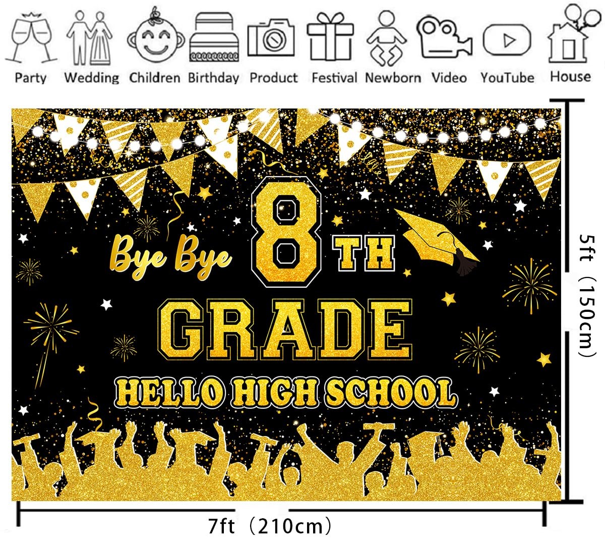 Bye Bye 8th Grade Hello High School Backdrop 7x5ft Graduation Black Gold