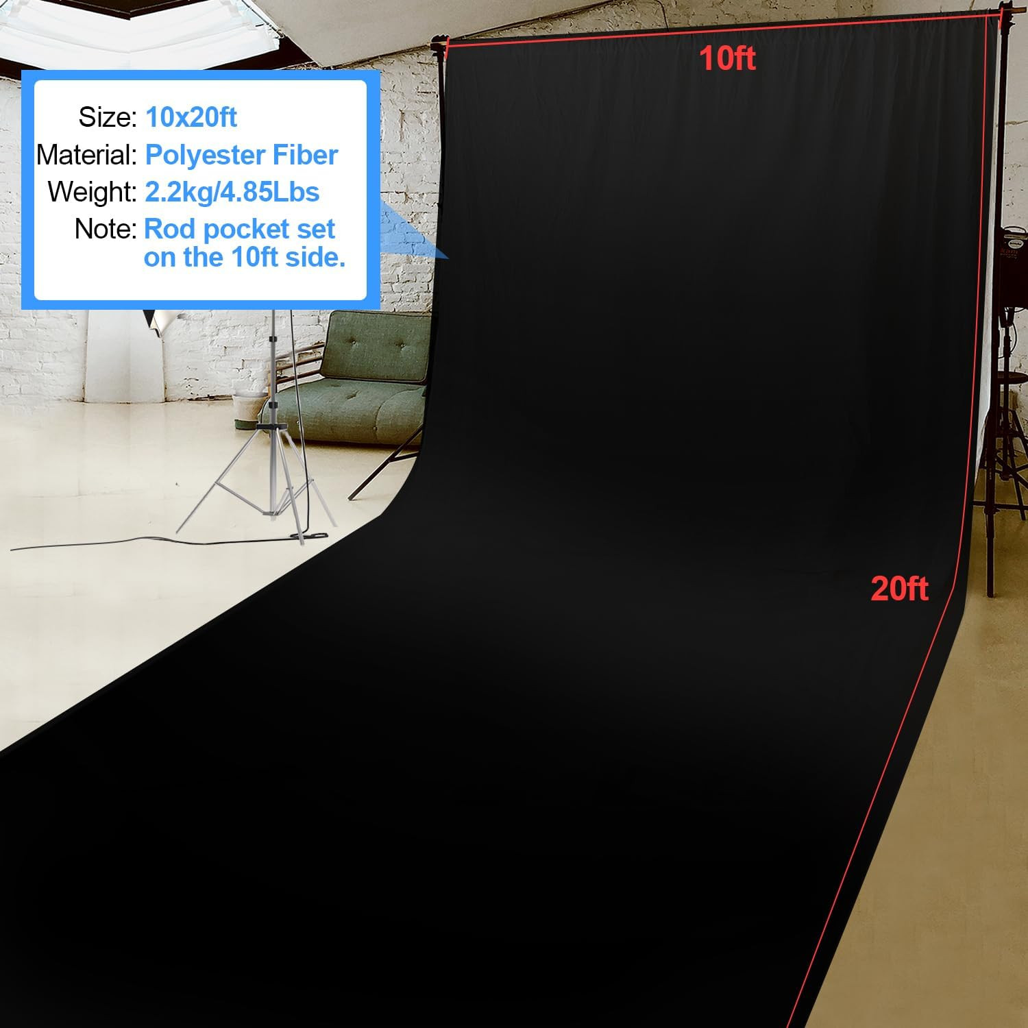 Black Backdrop Background,10X20 Ft Black Backdrop Screen for Photoshoot, Black P