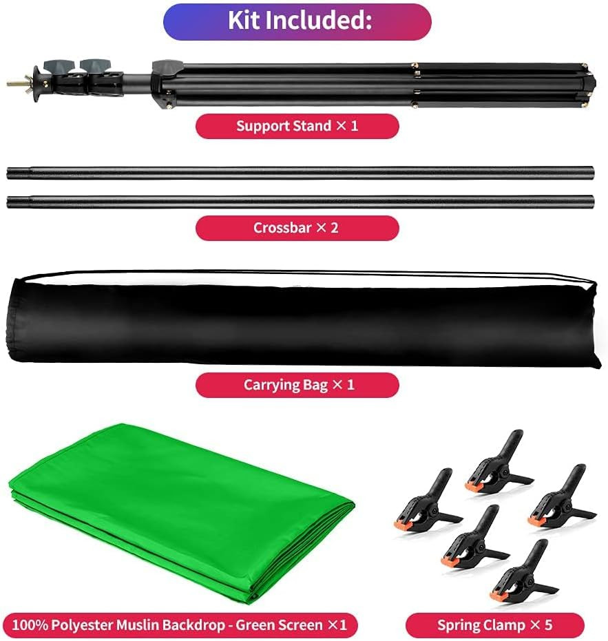 5×6.5ft Green Screen Backdrop Kit w/ Stand Clamps Carry Bag