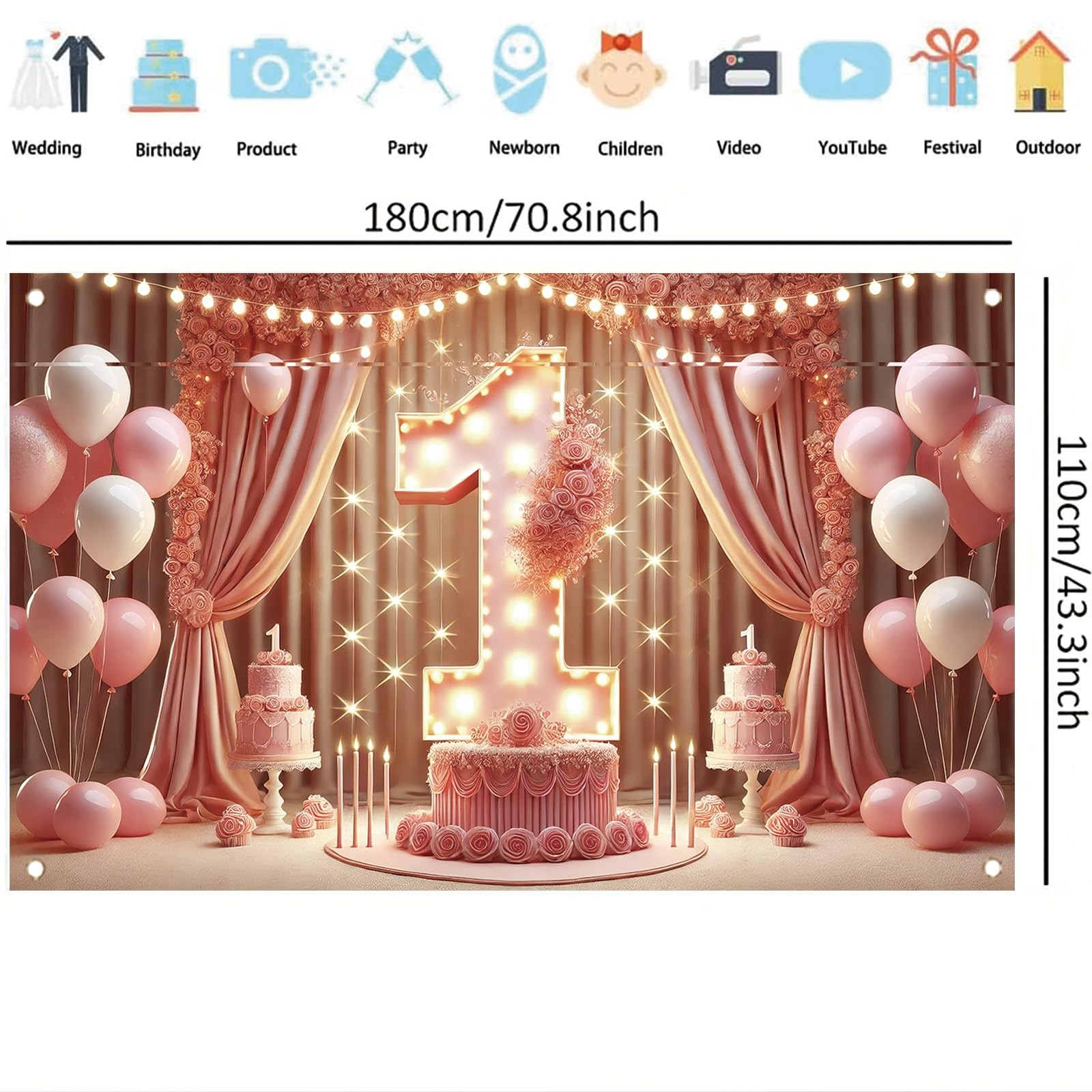 Pink 1st Birthday Backdrop 71 x 43 Inch Princess First Birthday Party Banner …