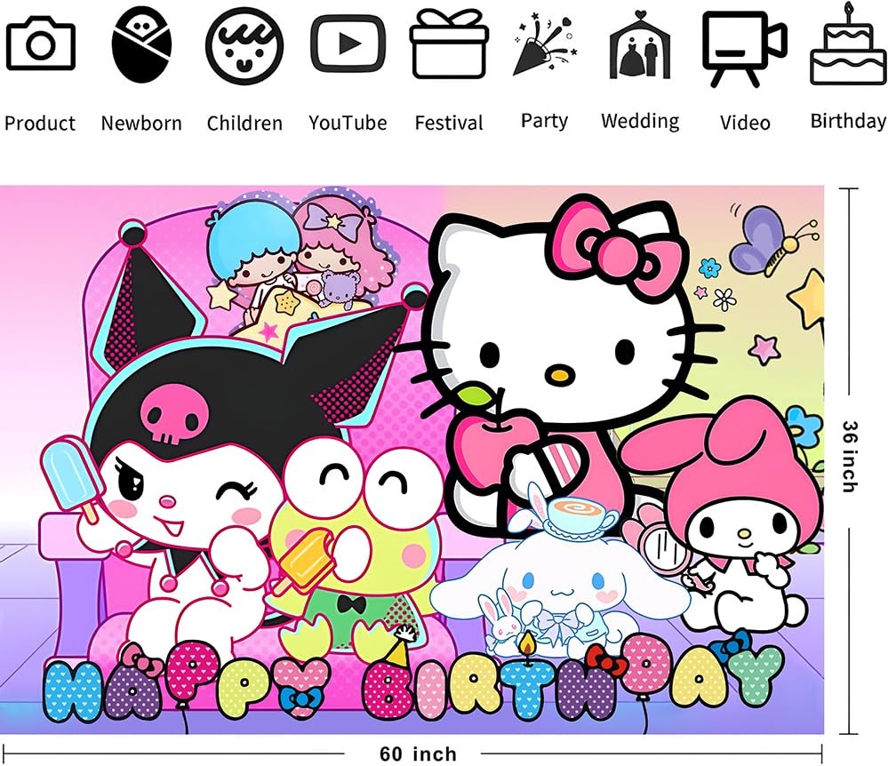 Kawaii And Friends Decorations Happy Banner Backdrop for Party Supplies (5x3ft)