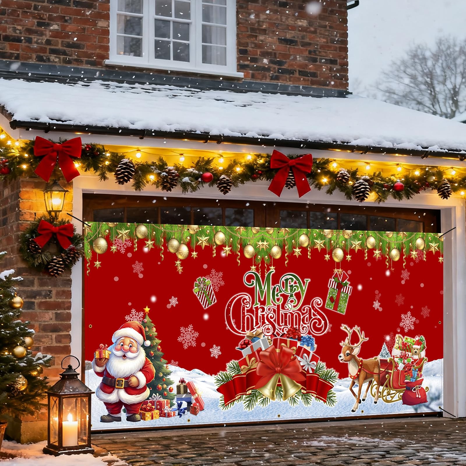Merry Christmas Garage Door Cover, Large Hanging Backdrop 7 ft x 16 ft, Red
