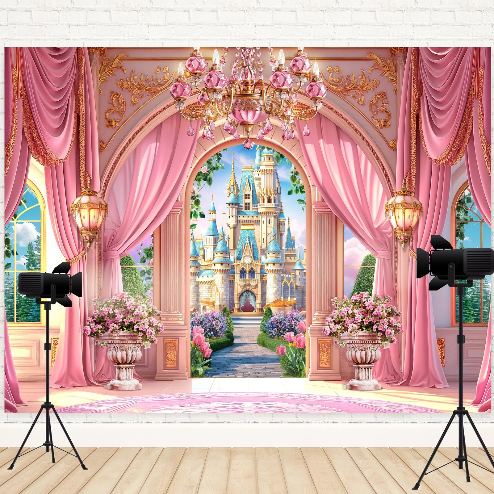 Princess Castle Garden Backdrop 8Wx6H Photography Pink Palace Curtain Crystal…