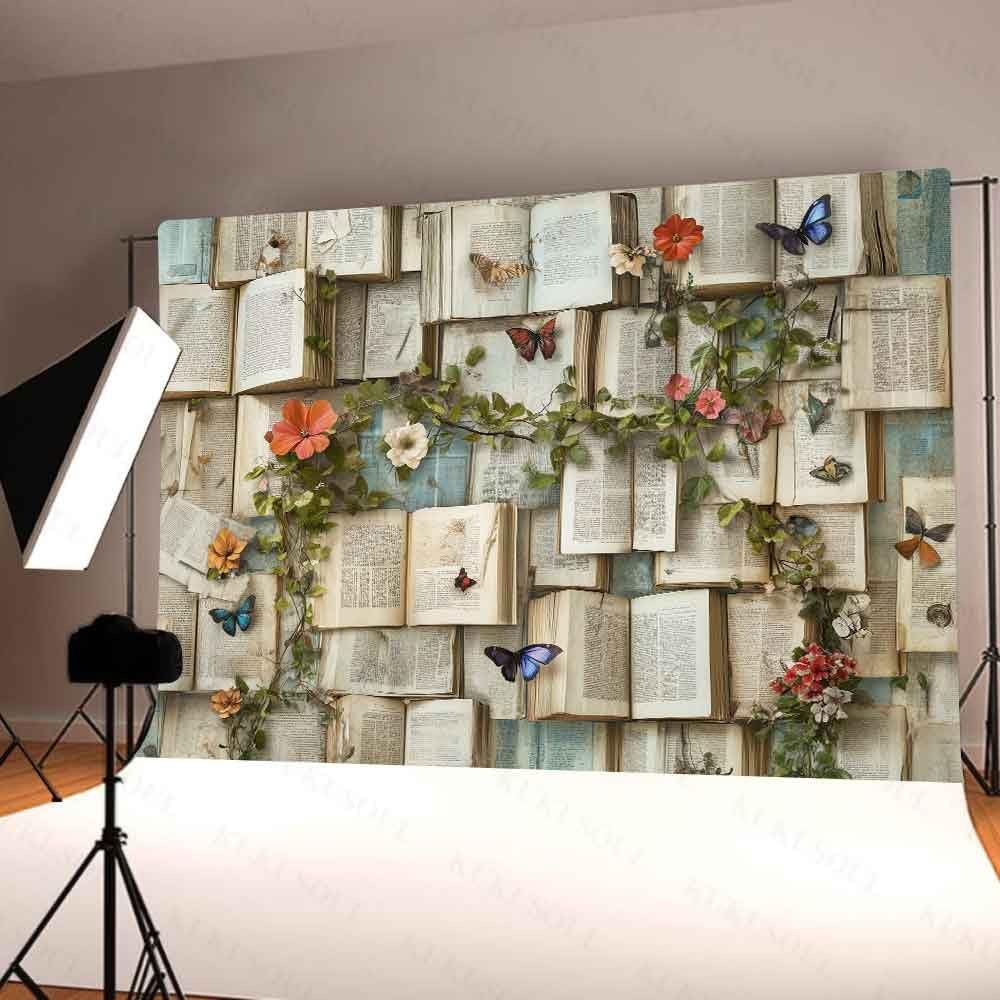 7x5ft Books Theme Photo Backdrop Flowers Bookshelf Floral Photography Background