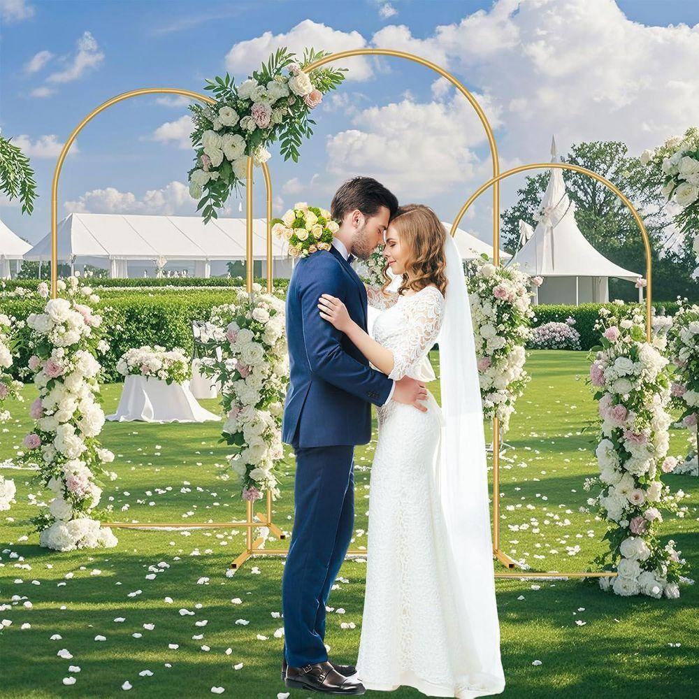 Set of 3 Gold Metal Wedding Arch Backdrop Stand 7.2 Ft. 6.6 Ft. 6 Ft. for Ceremo