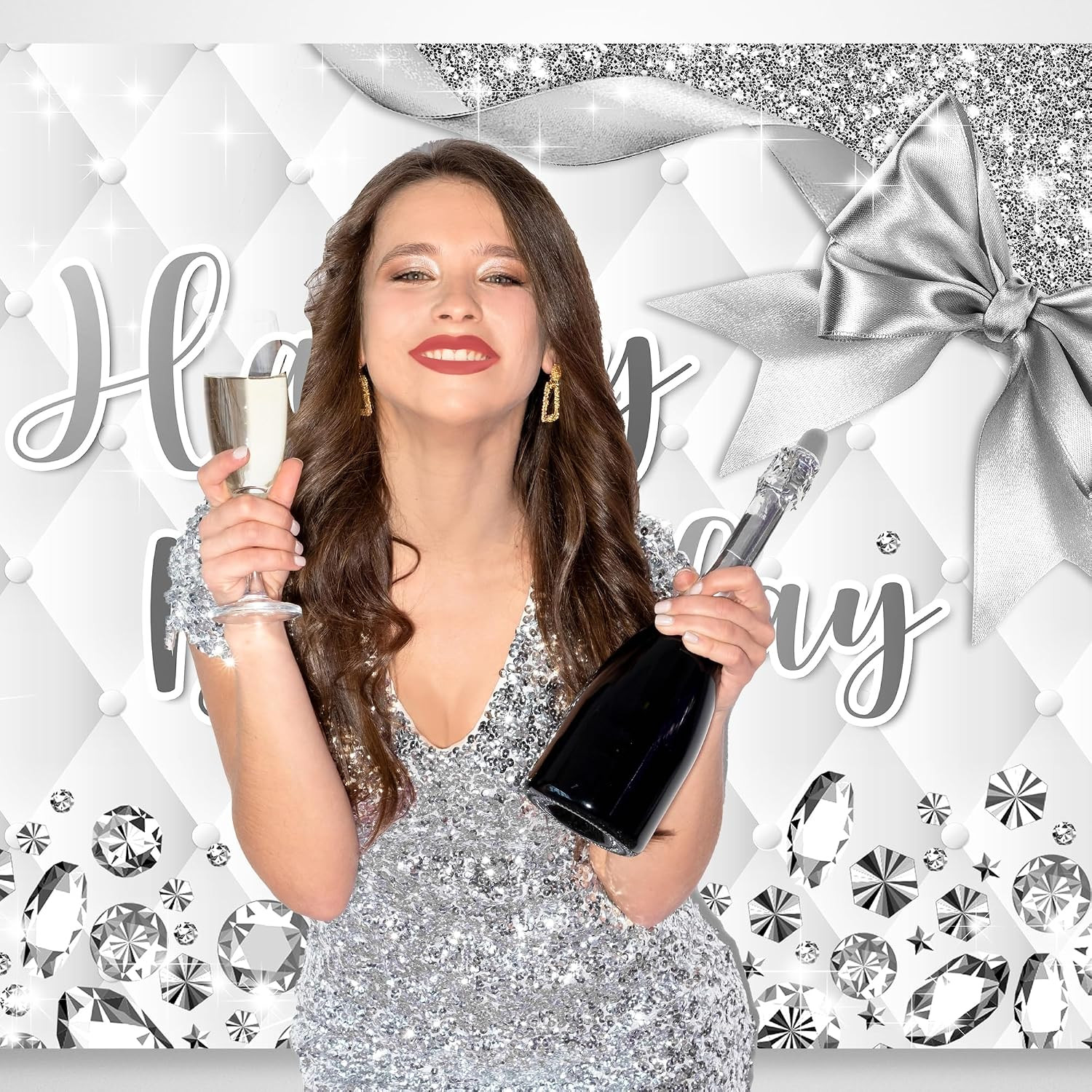 White and Silver Birthday Backdrop 7Wx5H Photography Happy Birthday Backdrop …