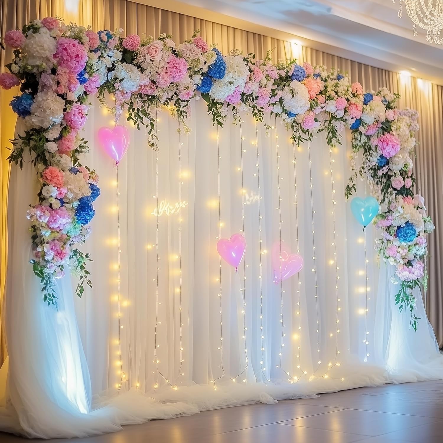 Tulle Backdrop Curtain W/ Lights String 10FT X 10FT Ivory Sheer Tulle Backdrop