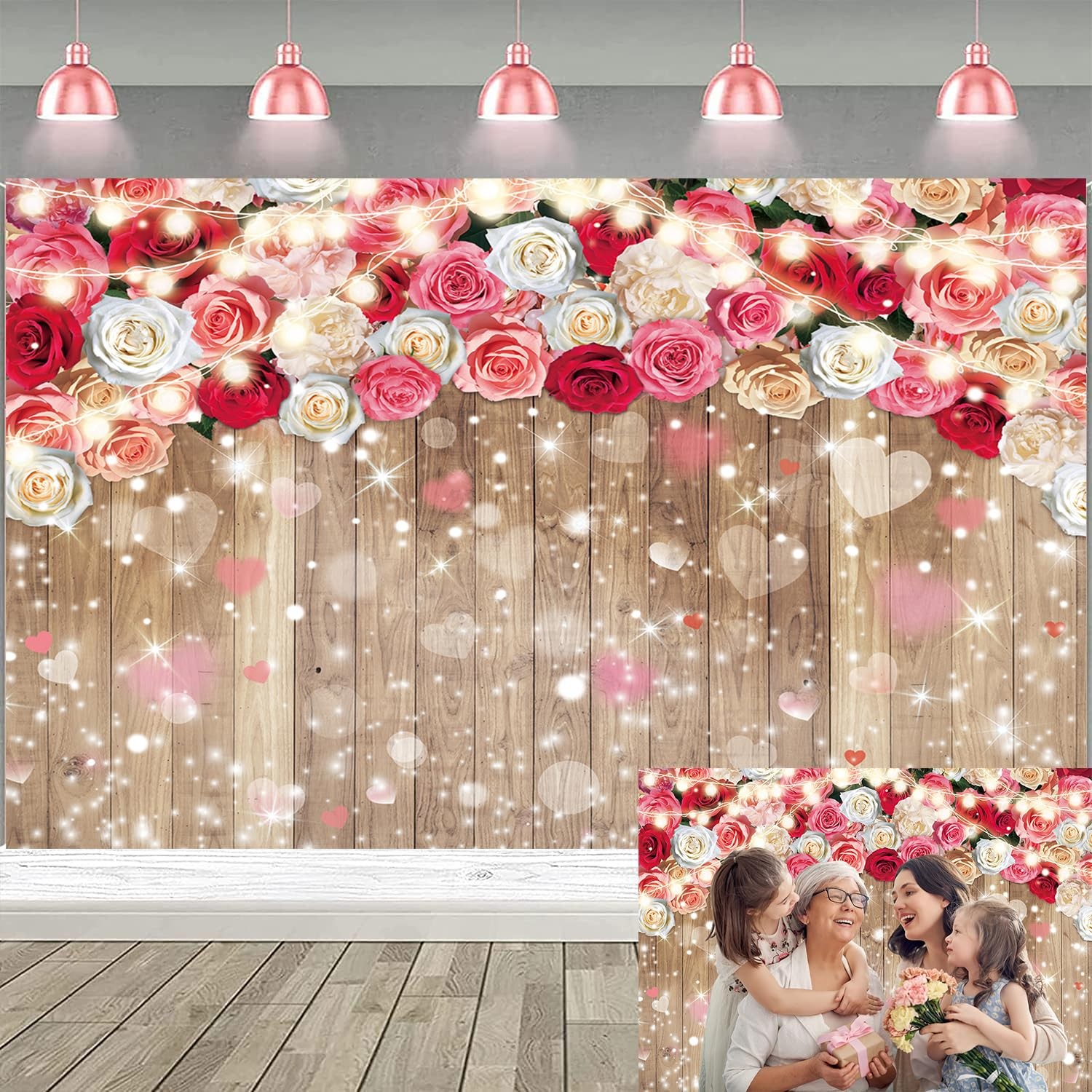Rustic Floral Brown Wooden Wall Backdrop Rose Flower Wedding 7x5FT Photography