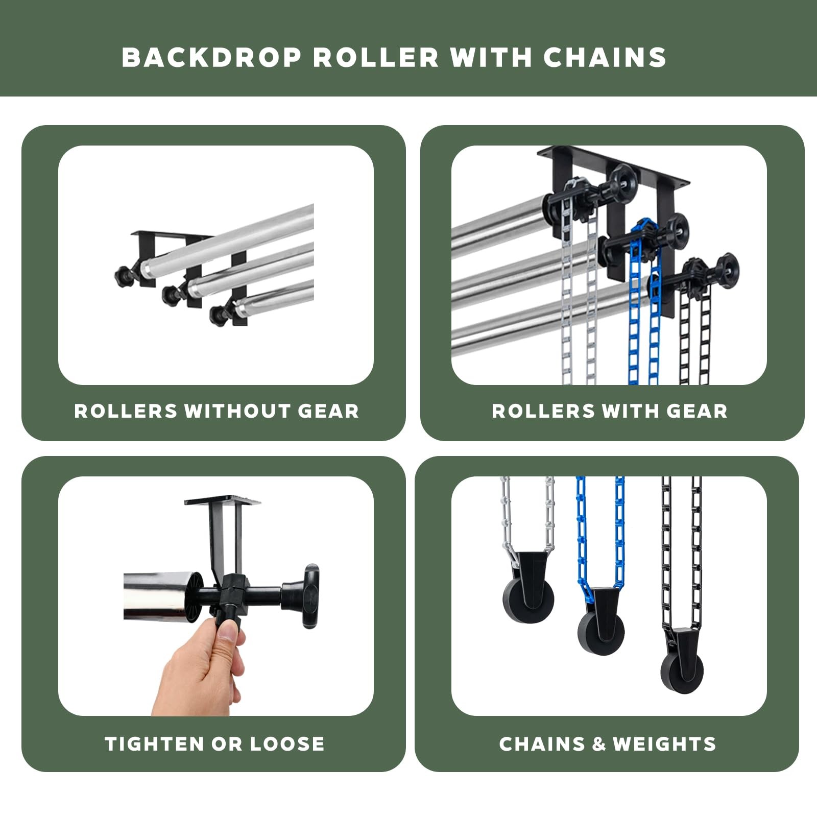 Photography Backdrop Roller Grey/Blue/Black Plastic Chain+120inch Crossbars