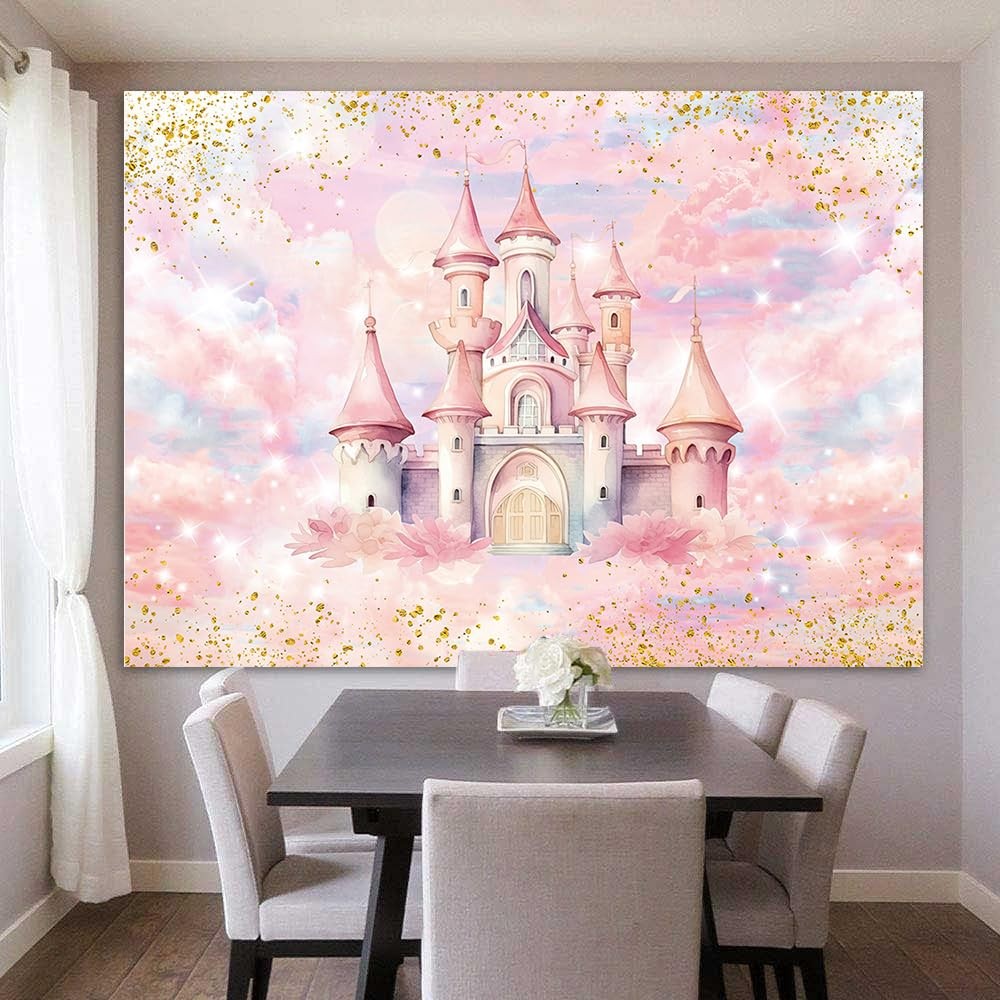 7x5ft Pink Princess Castle Backdrop Girl Birthday Watercolor Pastel Rainbow