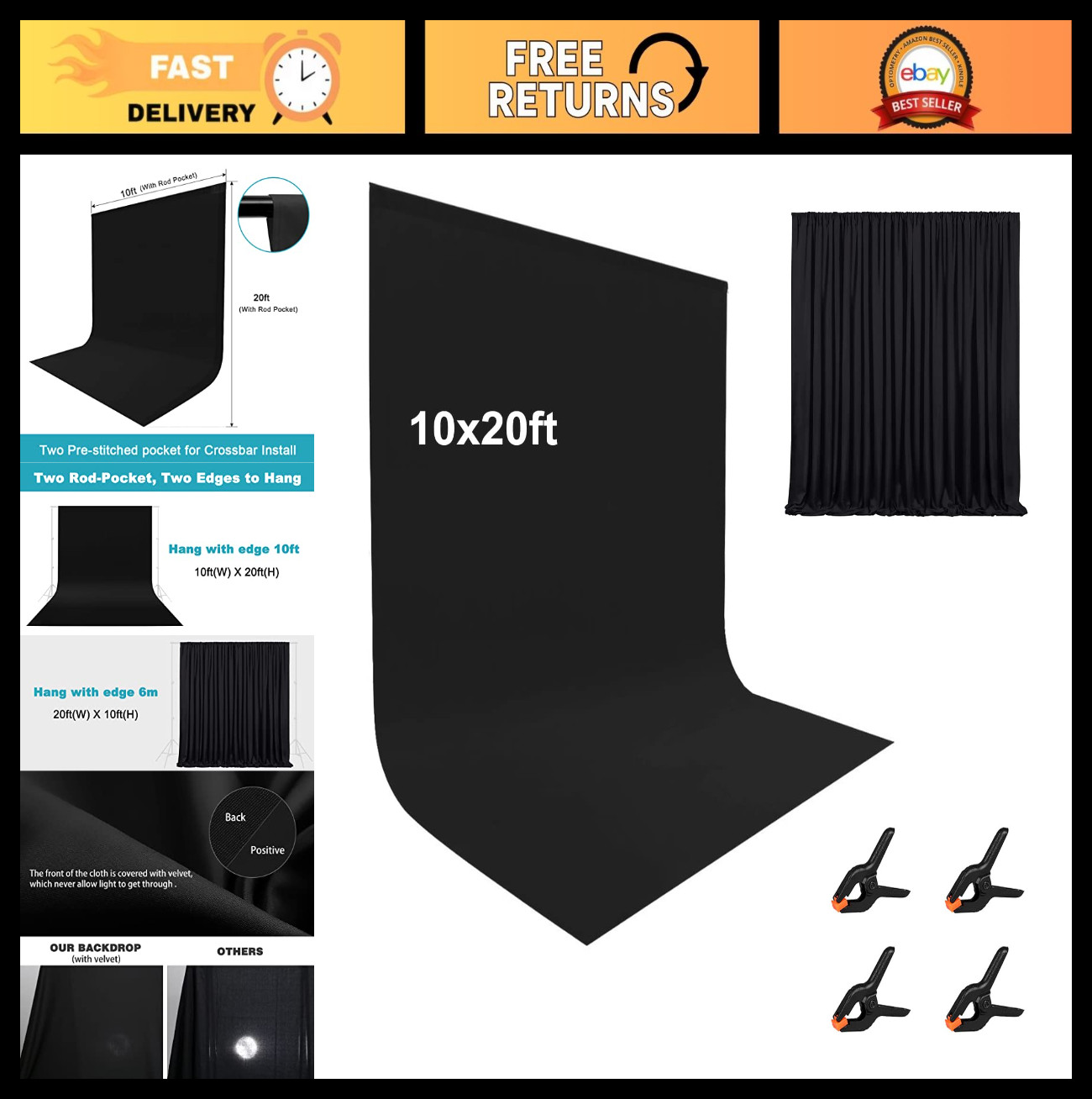 10x20ft Black Photography Backdrop Curtain, Polyester Fabric with 4 Clamps for E