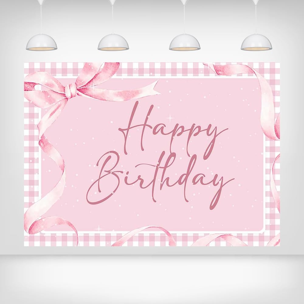 Coquette Pink Bow Happy Birthday Backdrop 7x5ft – Elegant Pink Gingham with R…
