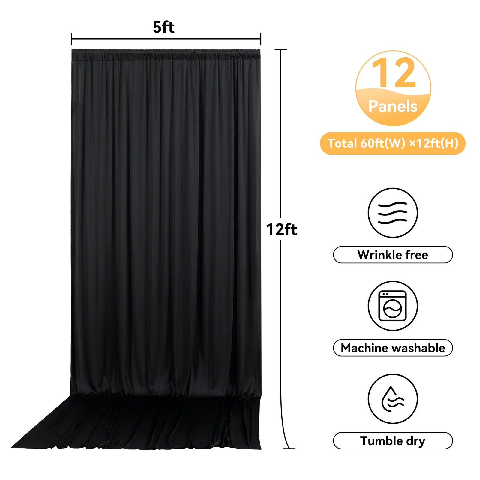 60ftx12ft Wrinkle Free Black Backdrop 5ft(W)x12ft(H)_12 Panels,