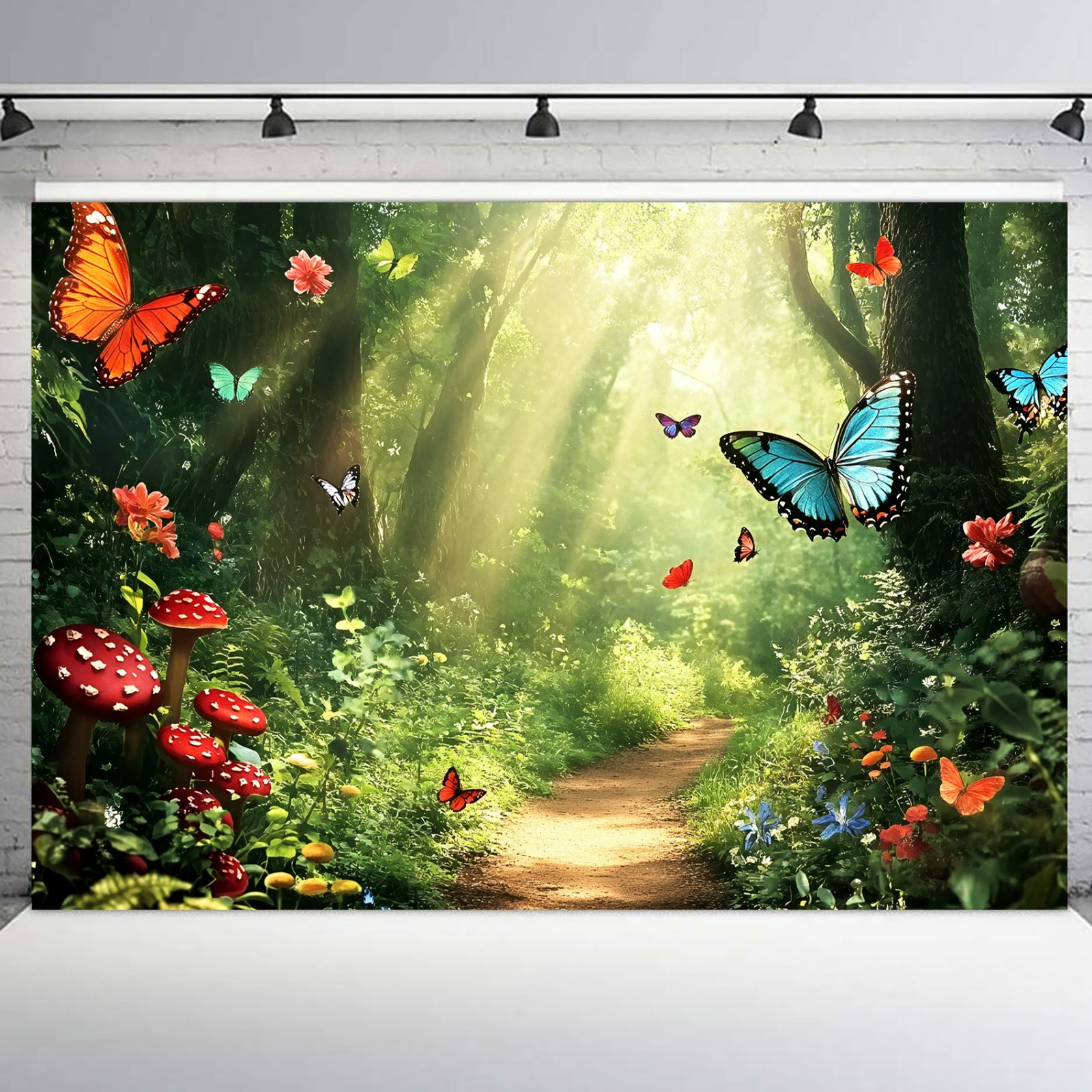 10x8ft Butterfly Red Mushroom Enchanted Forest Vinyl Backdrop Photo Background