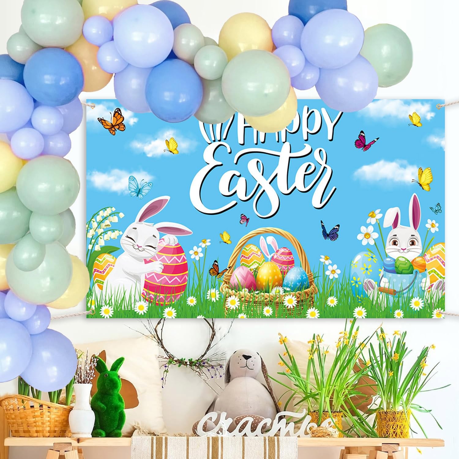 AIBIIN Happy Easter Backdrop Banner Colorful Flower 5.9×3.6ft, Multicolor