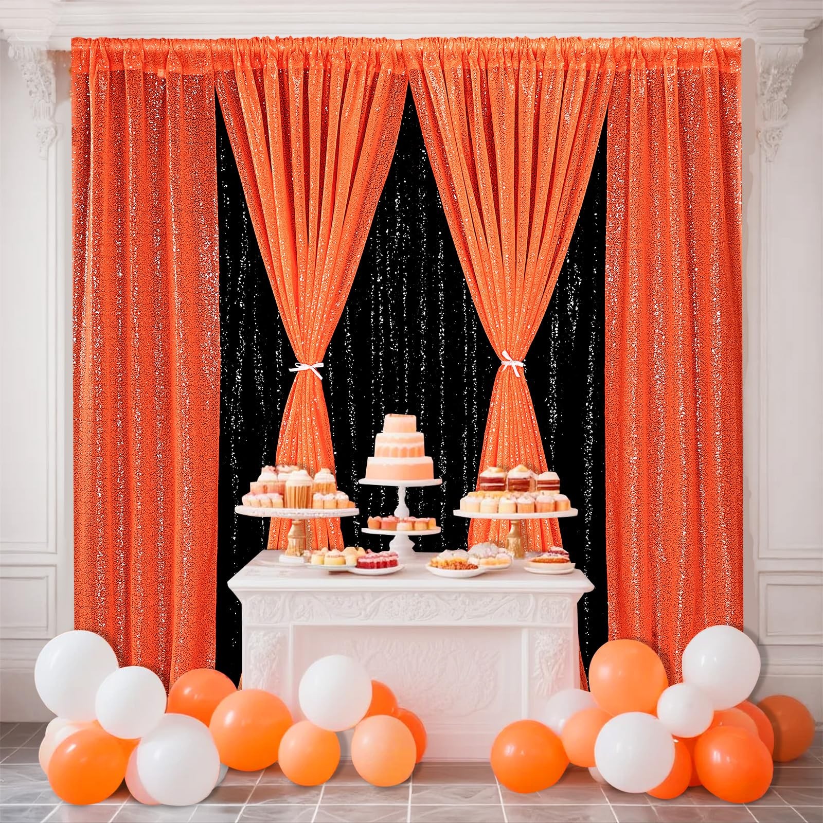 Orange Sequin Backdrop Curtains 2 Panels 2x8ft Glitter Party Decor