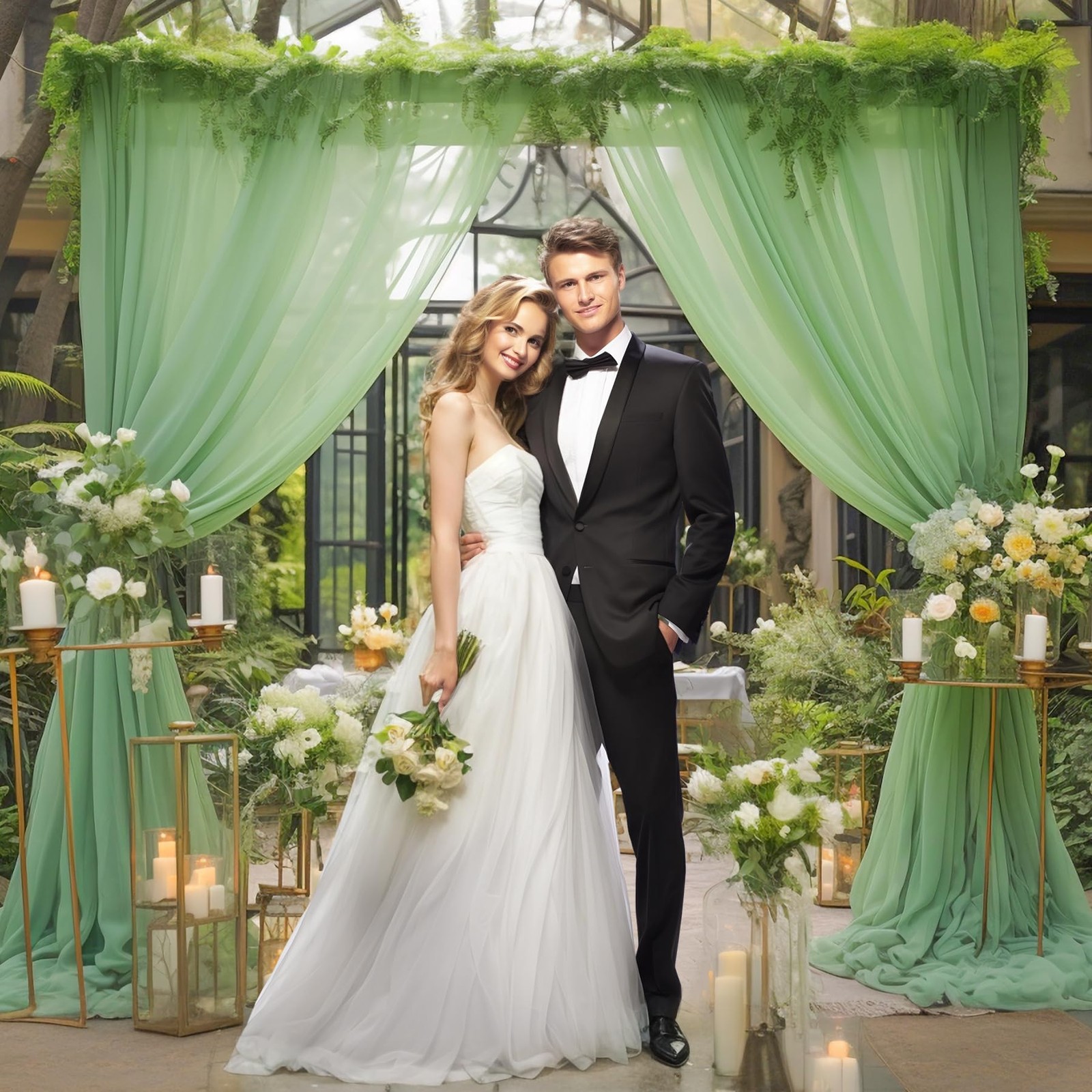 10×10 FT Green Tulle Backdrop Curtains Sheer Wedding Photo Background Drapes