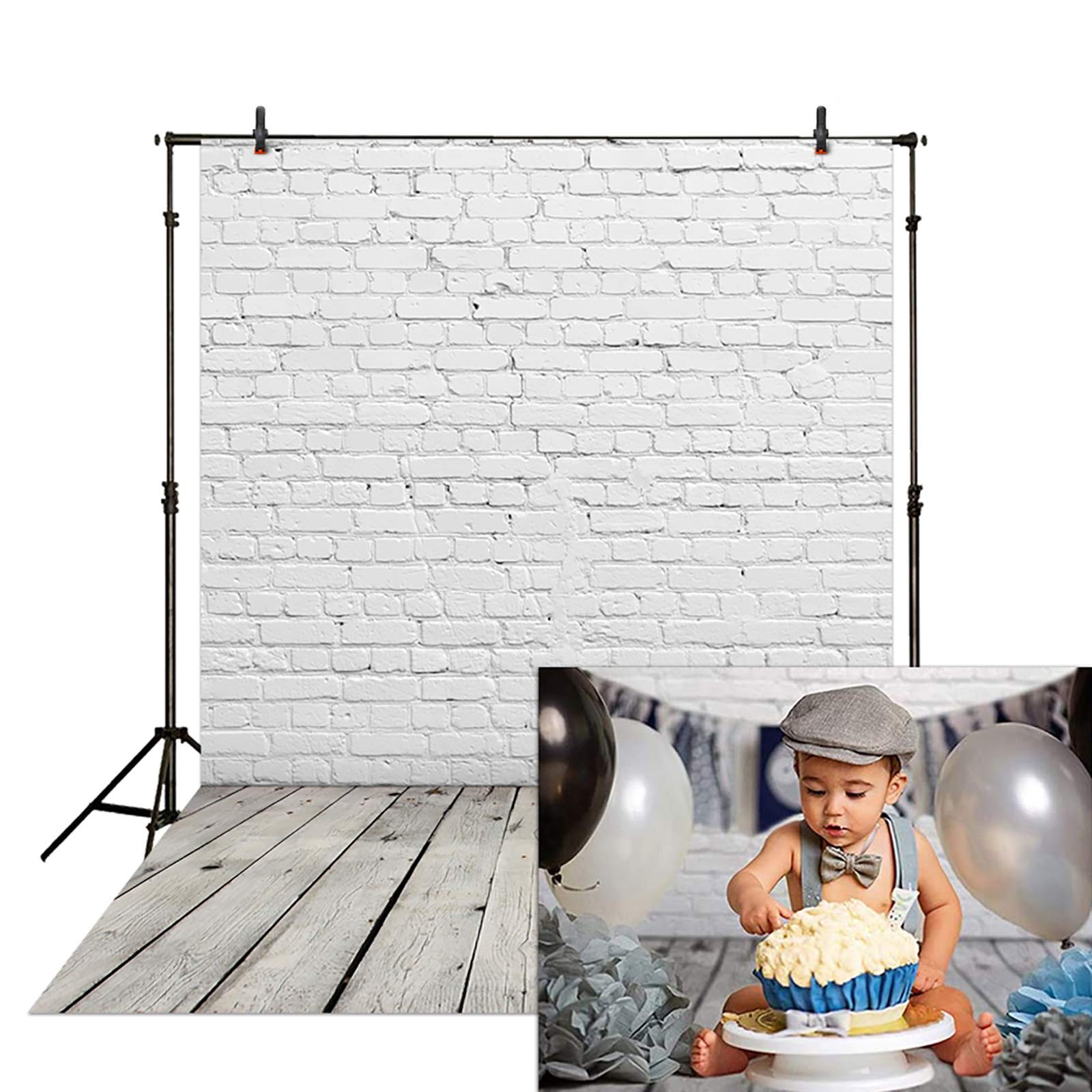 Allenjoy Fabric 5x7FT White Brick Wall with Wooden Floor 5 x 7 ft,