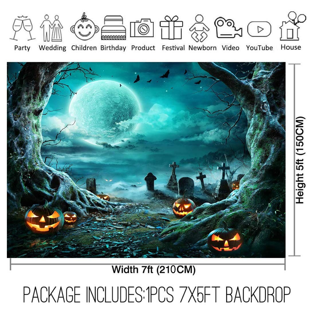Halloween Party Supplies Horror Moon Scary Cemetery Pumpkin Props 7×5 Feet