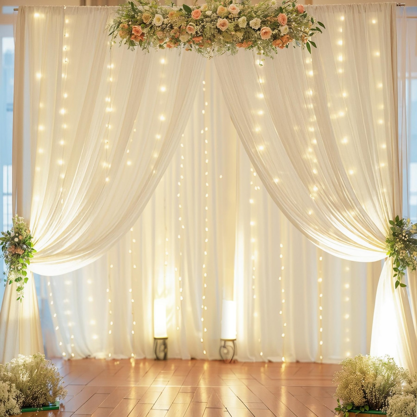 10×10 FT Ivory Chiffon Backdrop Curtain With Lights String Wrinkle Free