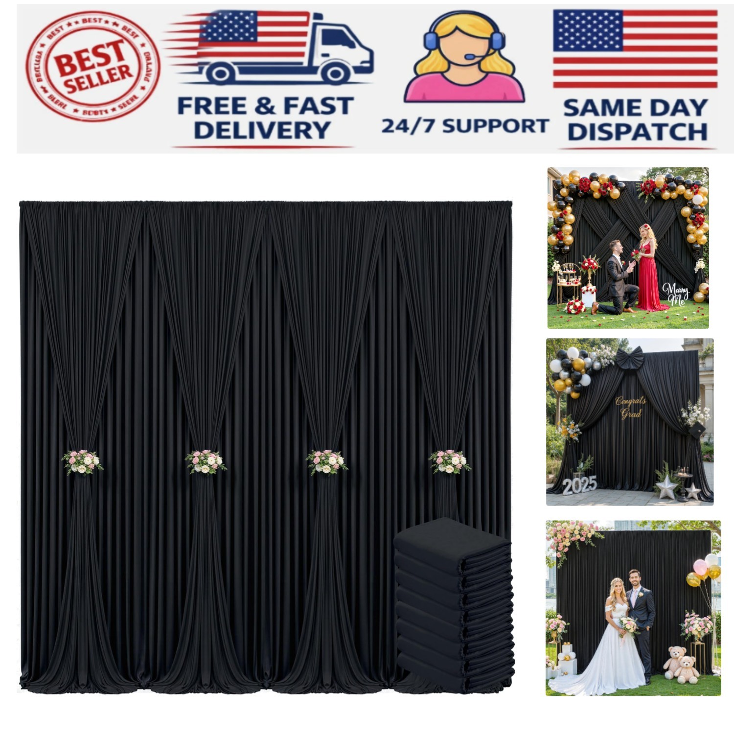 Wrinkle-Free Black Backdrop Drapes 8 Panels – Ideal for Weddings & Parties