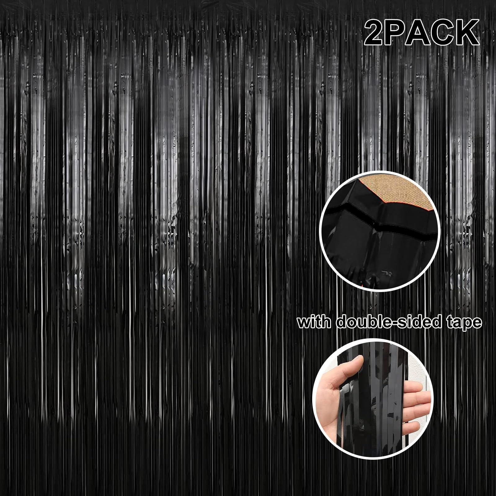 2 Pack 3.28 ft x 6.56 ft Black Tinsel Curtain Party Backdrop Decorations, Met…