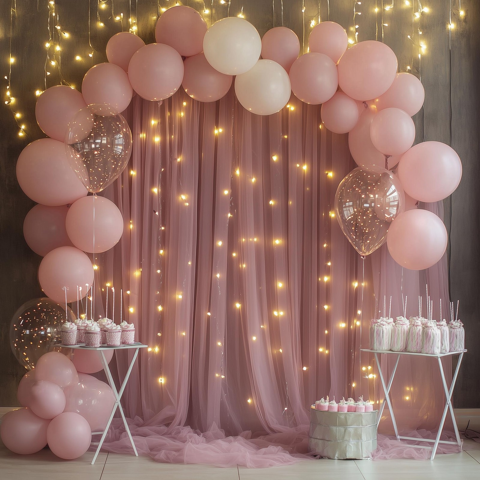 10×10 Ft Dusty Rose Tulle Backdrop Curtain With Lights 2 Panels 5×10 Ft