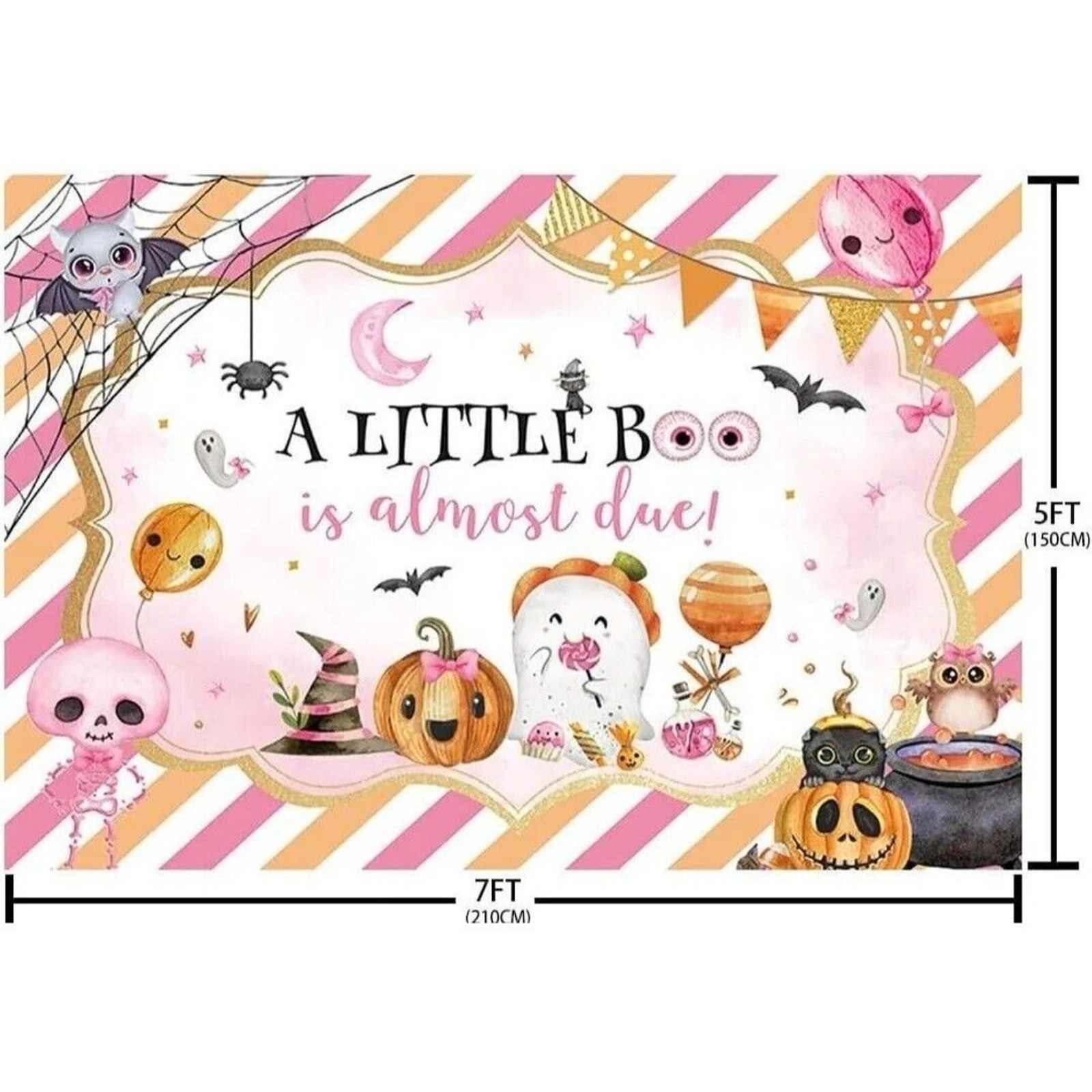 Halloween Baby Shower Photo Backdrop- A Little Boo is Almost Due- 7X5 ft- Pink