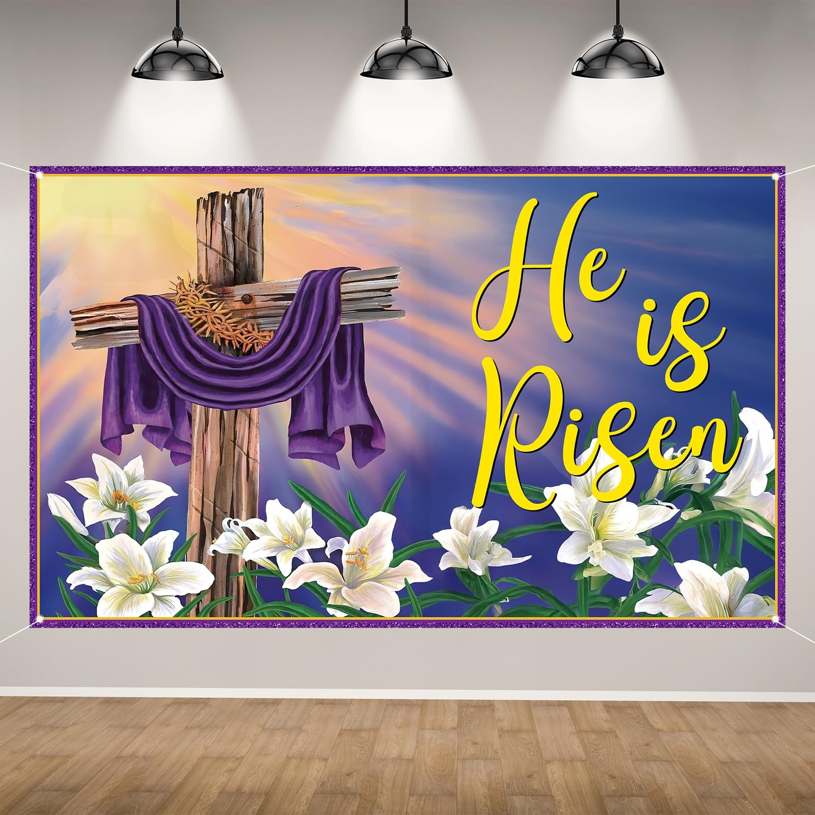 He is Risen Backdrop for Photography Lily Cross 71 inches x 43 inches, Purple