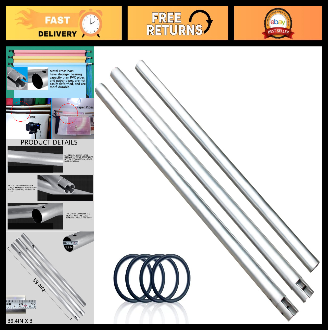 118” Stainless Steel Crossbar Tube for Studio Backdrop Wall Mount System – Holde