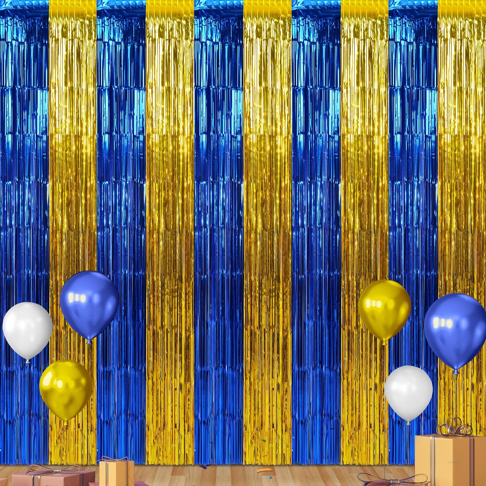 6 Pack 3.3Ft x 6.6Ft Graduation Foil Fringe Curtain 3.3X6.6Ft, Blue Gold