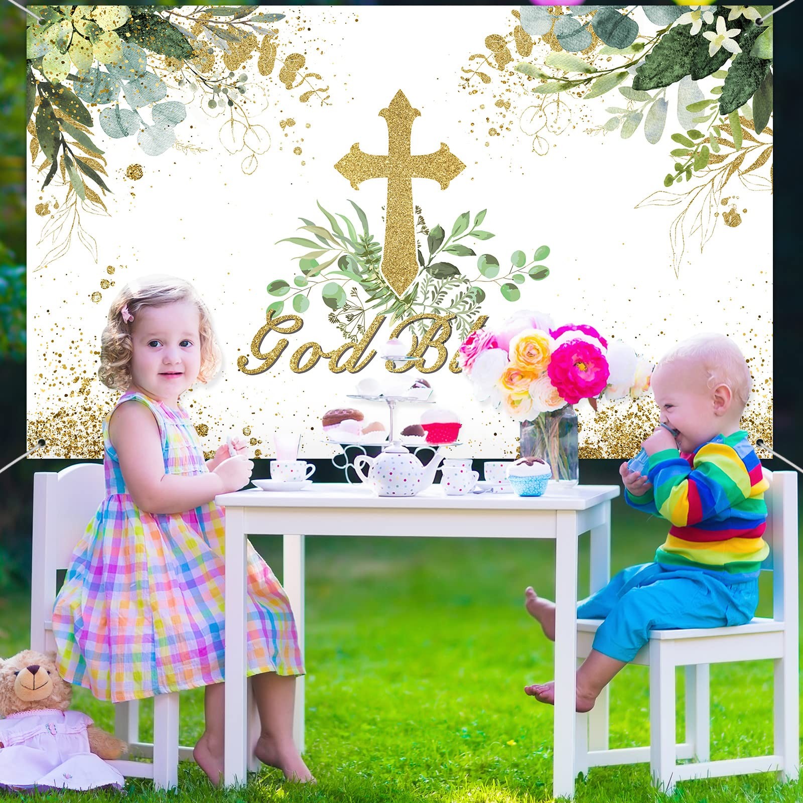 71×43 inch White Green God Bless Baptism Backdrop First Communion Decor