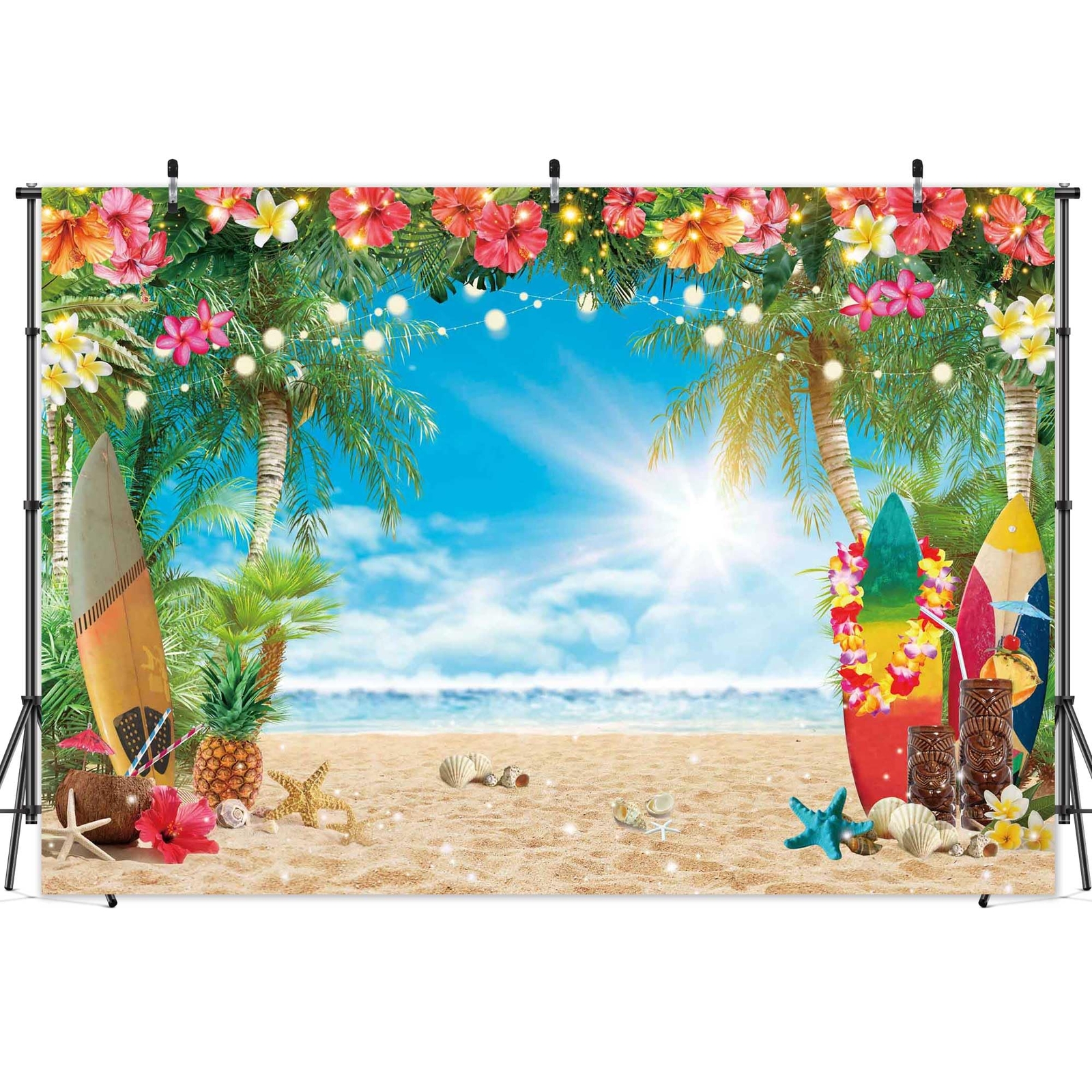 10x8FT Polyester Fabric Summer Beach Hawaiian Backdrop Seaside Tropical Flowe…