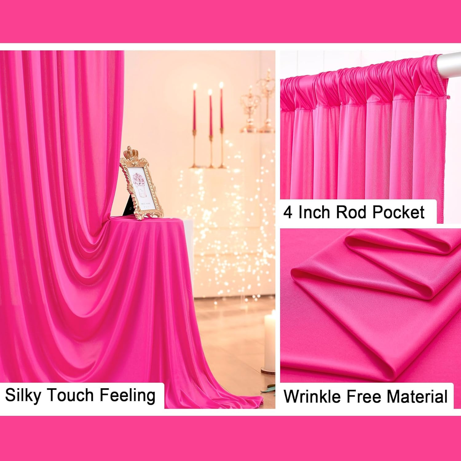 40 Ft X 10 Ft Wrinkle Free Fuchsia Backdrop Curtain for Parties, 8Panels Polyest