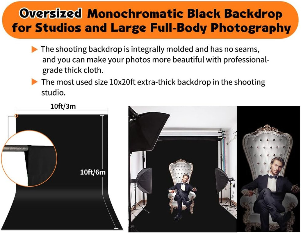 Black Backdrop, 10X20 Ft Large Photo Backdrop Curtain for Photoshoot, Party, Bla