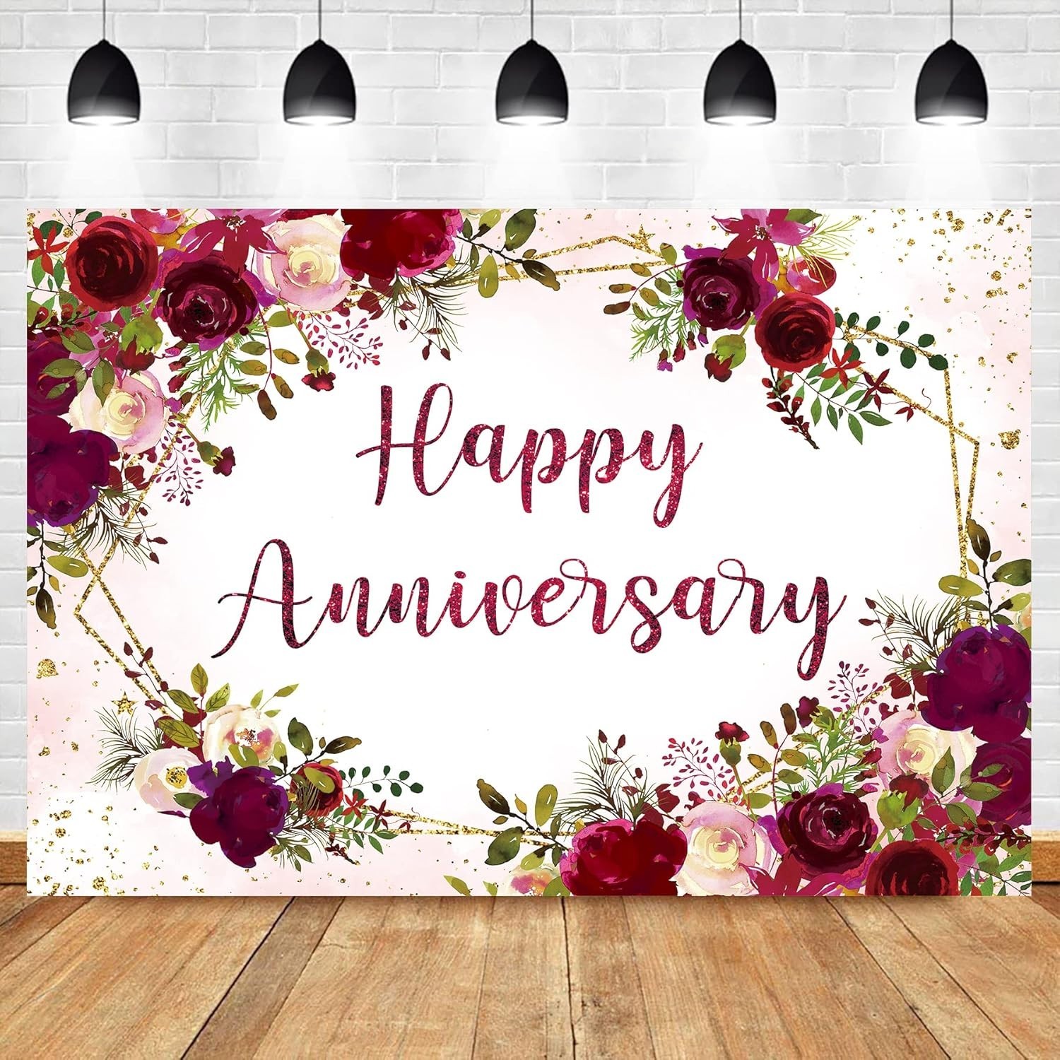 Happy Anniversary Backdrop 7Wx5H Feet Polyester Fabric Elegant Burgundy Flowe…