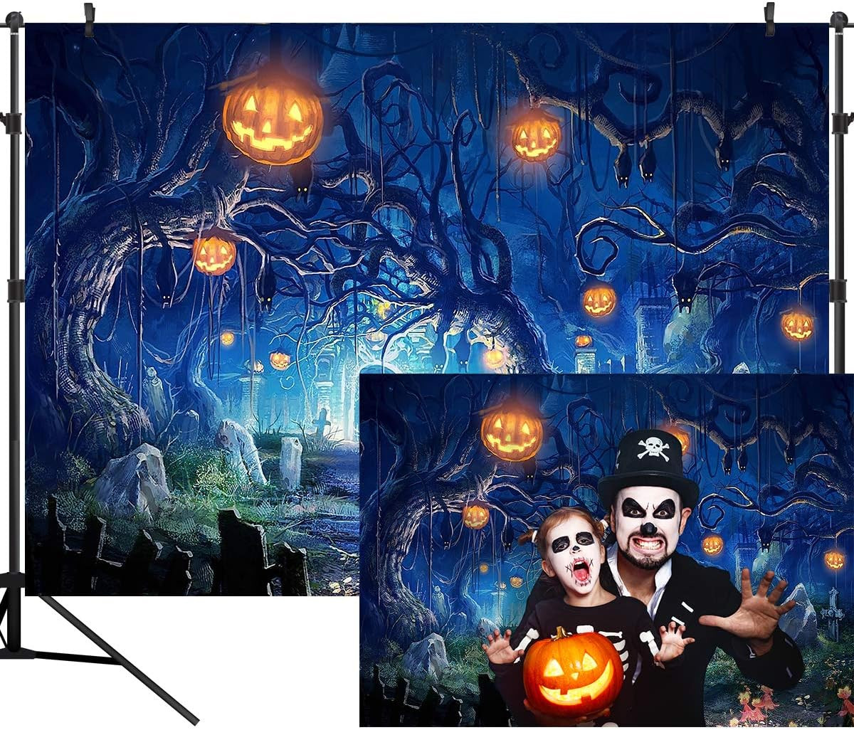 7X5FT Halloween Theme Forest Scary Scene Pumpkin Pictorial Cloth Photography Bac