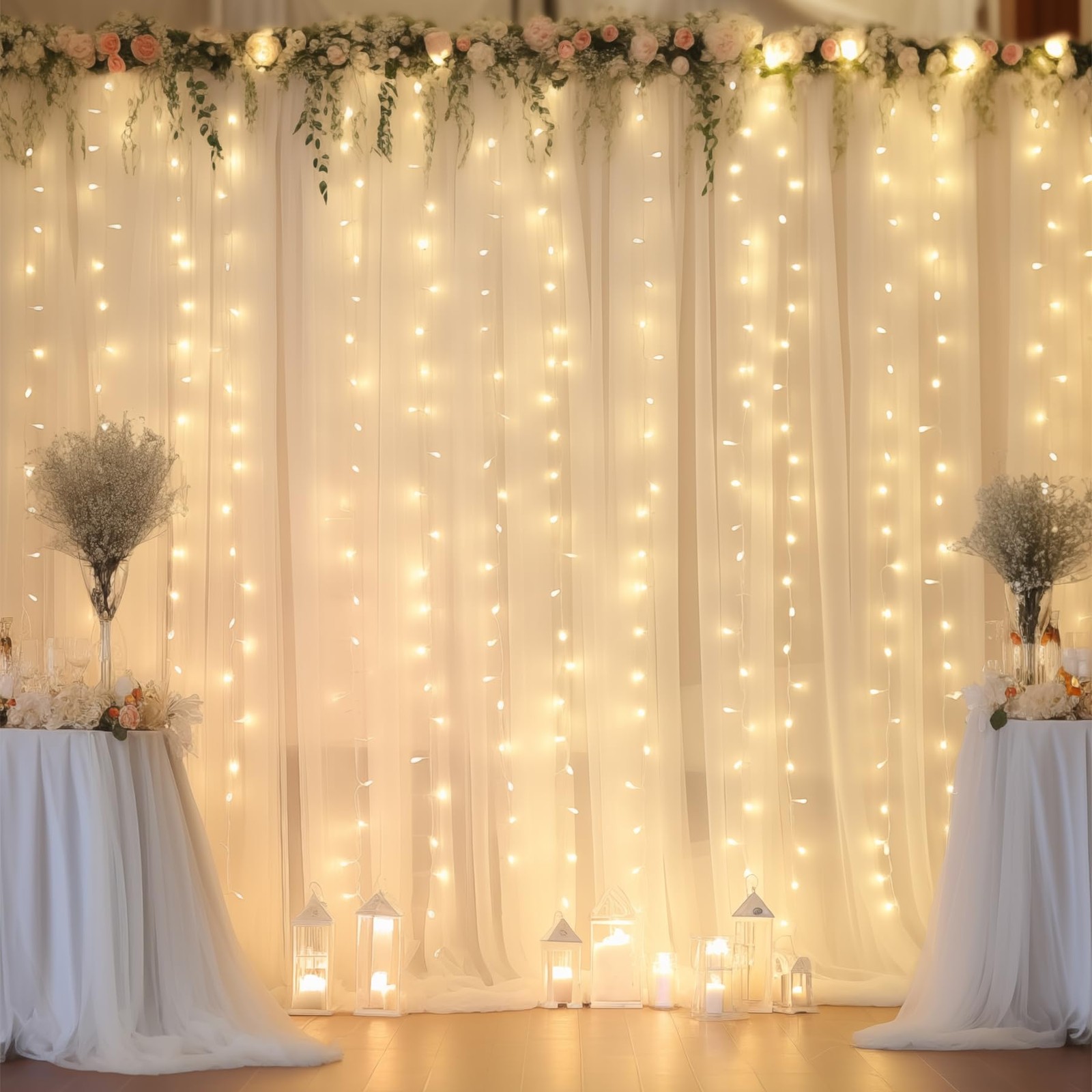 10x10ft Beige Chiffon Backdrop Curtain Set With Lights String Wedding