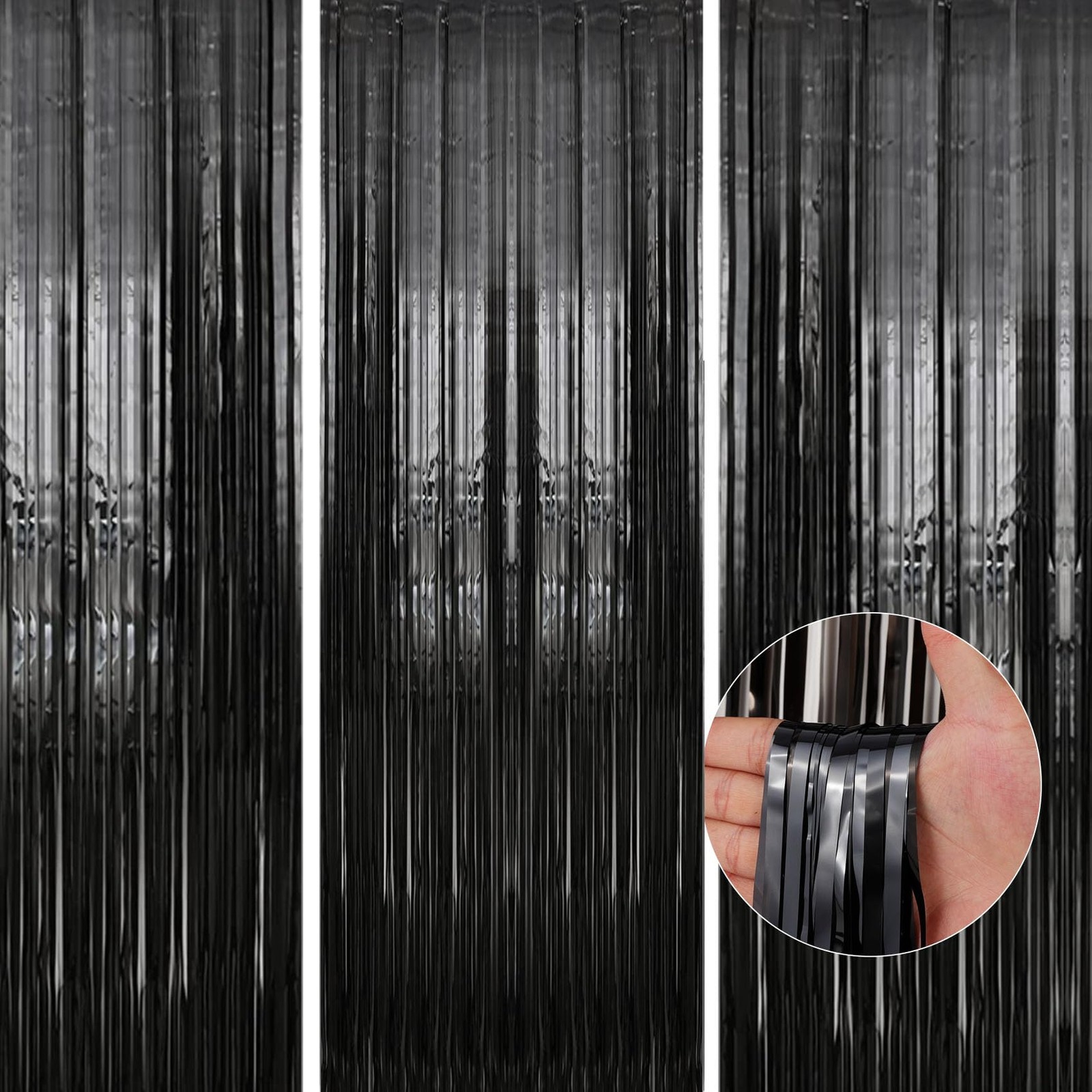 TenLaitech 3 Pack 3.3 x 9.9 ft Black Foil Fringe Backdrop 3 PCS,