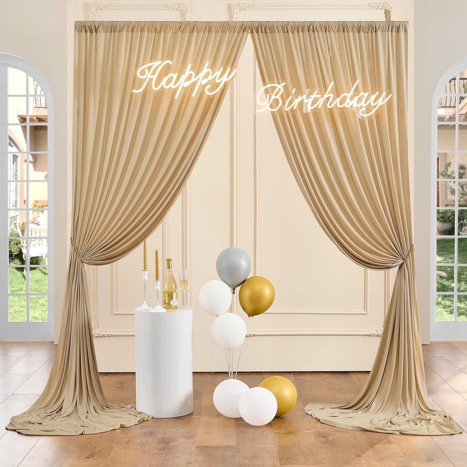 10×10 ft Beige Backdrop Curtains 2 Panels 5×10 ft Wrinkle Free Polyester