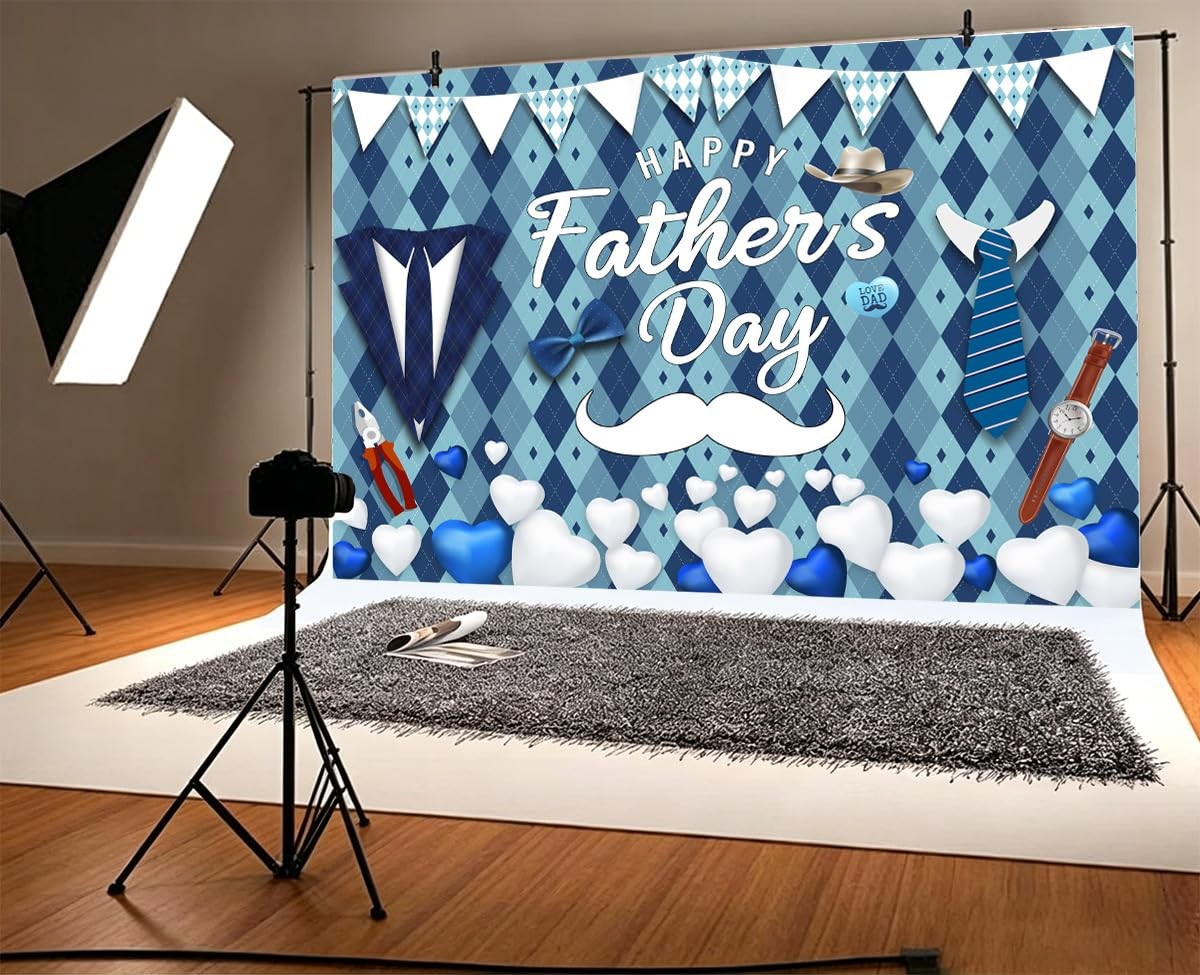 10X8FT Father’s Day Backdrop Blue Plaid Happy Father’s Day Photography Backgr…